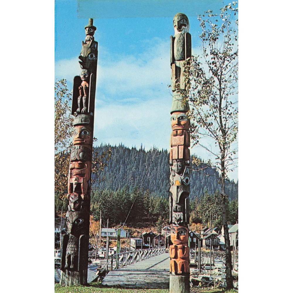 Wrangell Alaska Totem Poles Shaiks Island Chrome Postcard Plastichrome Colourpic